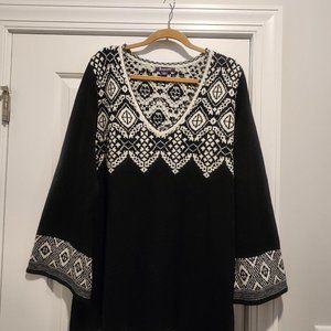 Roaman's-22/24-Fit and Flare Tunic Sweater-Black Ivory Fair Isle